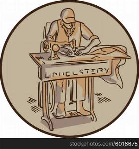Drawing sketch style illustration of a tailor machinist upholsterer sewing with sewing machine facing front set inside circle on isolated background. . Tailor Upholsterer Sewing Machine Drawing