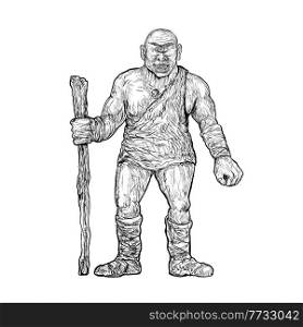 Drawing sketch style illustration of a Tartaro, Tartalo or Torto an enormously strong one-eyed giant in Basque mythology similar to the Greek Cyclops standing with club on isolated white background.. Tartaro Tartalo or Torto a Strong One-Eyed Giant in Basque Mythology Similar to Greek Cyclops Drawing
