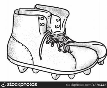 Drawing sketch style illustration of a vintage american football boots viewed from the side set on isolated white background. . Vintage American Football Boots Drawing