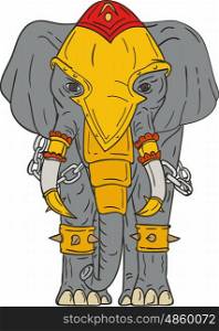Drawing sketch style illustration of a war elephant with armor and chains viewed from front set on isolated white background. . War Elephant Drawing