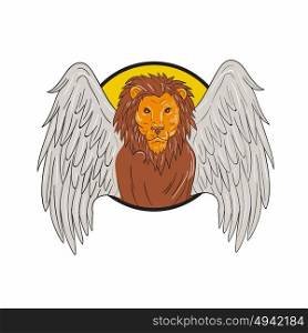 Drawing sketch style illustration of a winged lion big cat or the lion of St. Mark head viewed from the front set inside circle. . Winged Lion Head Circle Drawing