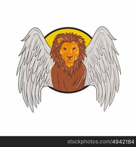 Drawing sketch style illustration of a winged lion big cat or the lion of St. Mark head viewed from the front set inside circle. . Winged Lion Head Circle Drawing