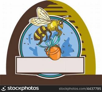 Drawing sketch style illustration of a worker honey bee carrying a honey pot with ribbon viewed from the side set inside circle in a skep. . Bee Carrying Honey Pot Skep Circle Drawing