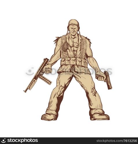 Drawing sketch style illustration of a World War Two American GI Soldier with Thompson submachine gun n rifle and .45 calibre pistol standing viewed from front on isolated white background.. World War Two American GI Soldier Drawing