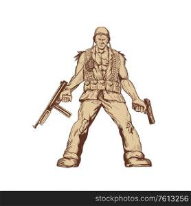 Drawing sketch style illustration of a World War Two American GI Soldier with Thompson submachine gun n rifle and .45 calibre pistol standing viewed from front on isolated white background.. World War Two American GI Soldier Drawing