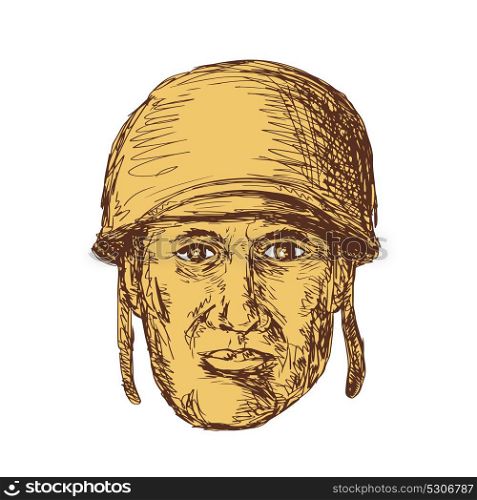 Drawing sketch style illustration of a WW2 or world war two American Soldier Head wearing a helmet viewed from front on isolated background.. WW2 American Soldier Head Drawing