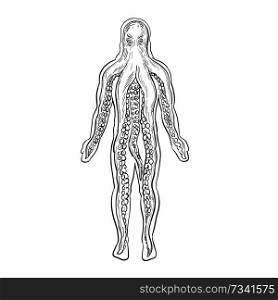 Drawing sketch style illustration of an alien octopus inside a human body and taking over it viewed from front on isolated white background in black and white.. Alien Octopus Inside Human Body Drawing Black and White