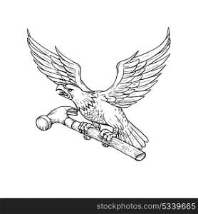 Drawing sketch style illustration of an American Bald Eagle clutching a hammer viewed from side on isolated background.. Eagle Clutching Hammer Drawing
