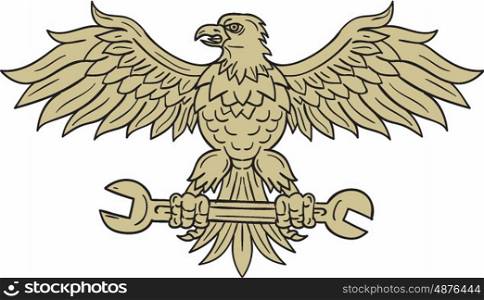 Drawing sketch style illustration of an american bald eagle looking to the side clutching spanner with its talon set on isolated white background viewed from front. . American Eagle Clutching Spanner Drawing