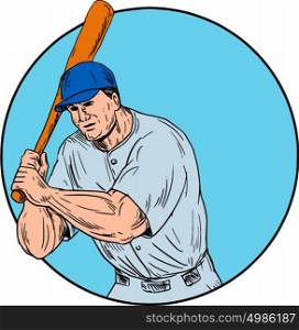 Drawing sketch style illustration of an american baseball player batter hitter holding bat viewed from front set inside circle. . Baseball Player Holding Bat Drawing