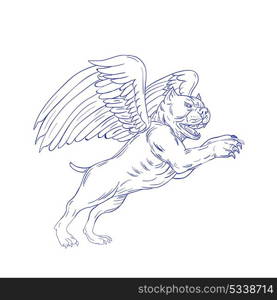 Drawing sketch style illustration of an American bully dog with angel wings prancing jumping viewed from side on isolated background.. American Bully With Wings Drawing