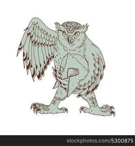Drawing sketch style illustration of an angry Great Horned Owl Holding Spartan battle-worn Helmet viewed from front on isolated background.. Owl Holding Spartan Helmet Drawing