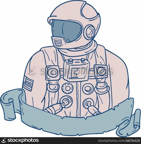 Drawing sketch style illustration of an astronaut bust looking to the side set on isolated white background with ribbon.