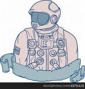 Drawing sketch style illustration of an astronaut bust looking to the side set on isolated white background with ribbon.
