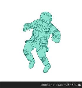 Drawing sketch style illustration of an astronaut, cosmonaut or spaceman floating in space on isolated background.. Astronaut Floating in Space Drawing
