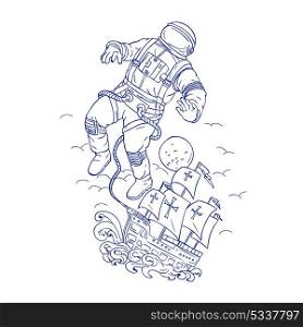 Drawing sketch style illustration of an astronaut or spaceman tethered to Portuguese caravel or galleon ship floating in space with moon in background.. Astronaut Tethered Caravel Ship Drawing
