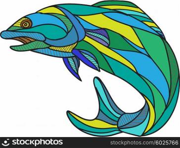 Drawing sketch style illustration of an atlantic salmon fish jumping viewed from the side set on isolated background. &#xA;