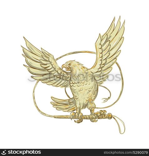 Drawing sketch style illustration of an Eagle Clutching single-tailed Bullwhip whip viewed from front on isolated background.. Eagle Clutching Bullwhip Drawing