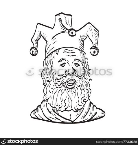 Drawing sketch style illustration of an old court jester or fool wearing a hat and beard viewed from front  on isolated background in black and white tattoo style.. Old Court Jester or Fool Wearing Hat and Beard Viewed from Front Tattoo Drawing Black and White
