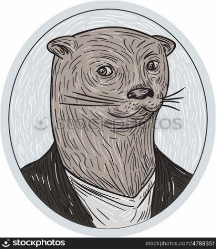 Drawing sketch style illustration of an otter head wearing shirt and blazer facing front set inside oval shape. . Otter Head Blazer Shirt Oval Drawing