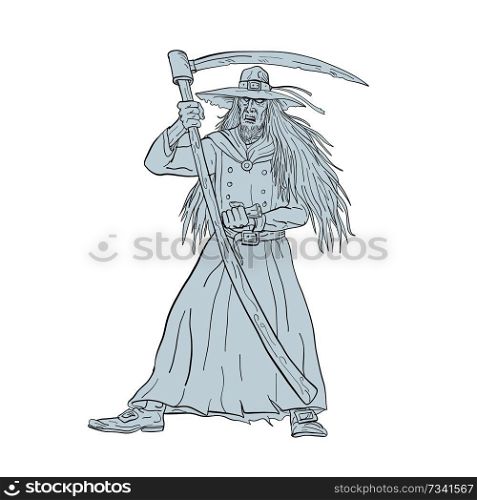 Drawing sketch style illustration of Ankou, henchman of Death, Celtic keeper of lost souls and graveyard watcher in Breton mythology with hat and scythe like the Grim Ripper on isolated background.. Ankou Henchman of Death With Scythe Drawing