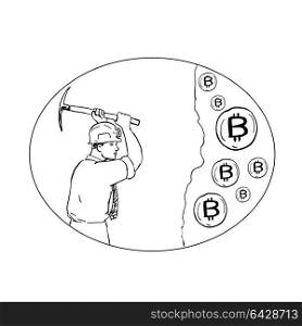 Drawing sketch style illustration of bitcoin miner mining hacking with pick axe digging for Cryptocurrency set inside oval on isolated background.. Bitcoin Miner Cryptocurrency Drawing