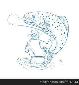 Drawing sketch style illustration of Fly Fisherman viewed from rear fishing Reeling a spotted brown Trout jumping on isolated background done in blue and white.. Fly Fisherman Trout Fishing Drawing