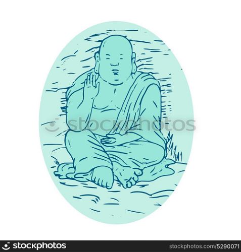 Drawing sketch style illustration of Gautama Buddha, also known as Siddhartha Gautama, Shakyamuni Buddha, an ascetic and sage in lotus sitting pose set inside oval.. Gautama Buddha Lotus Pose Drawing