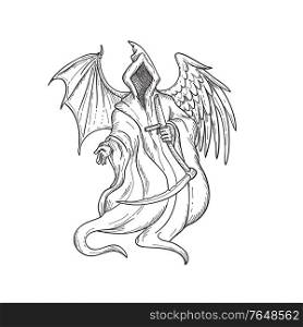Drawing sketch style illustration of grim reaper or angel of death with bird wing and bat wing holding scythe viewed from front on isolated background in black and white.. Grim Reaper or Angel of Death with Bird Wing and Bat Wing Black and White Drawing