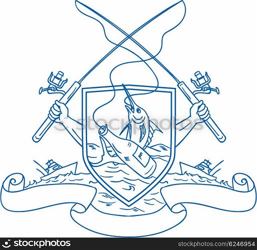 Drawing sketch style illustration of hand holding fishing rod and reel hooking a beer bottle and blue marlin fish with deep sea fishing boat on side set inside crest shield shape coat of arms done in retro style. . Fishing Rod Reel Hooking Blue Marlin Beer Bottle Coat of Arms Drawing