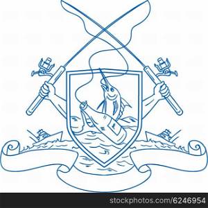 Drawing sketch style illustration of hand holding fishing rod and reel hooking a beer bottle and blue marlin fish with deep sea fishing boat on side set inside crest shield shape coat of arms done in retro style. . Fishing Rod Reel Hooking Blue Marlin Beer Bottle Coat of Arms Drawing