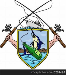 Drawing sketch style illustration of hand holding fishing rod and reel hooking a beer bottle and blue marlin fish set inside crest shield shape coat of arms with deep fishing boat on done. . Fishing Rod Reel Blue Marlin Beer Bottle Coat of Arms Drawing