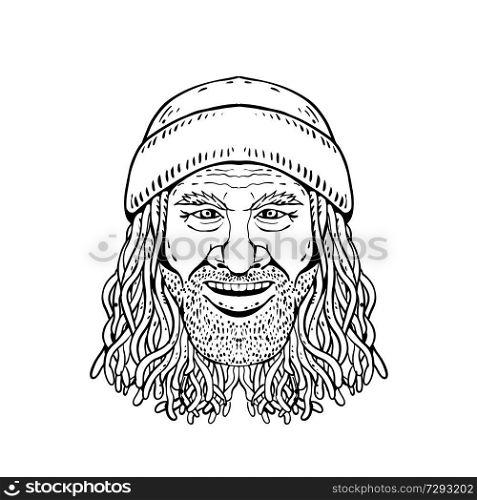 Drawing sketch style illustration of head of a Rastafarian dude, Rastafari or guy practising Rastafarianism, an Abrahamic religion developed in Jamaica in 1930s on white background in black and white.. Rastafarian Dude Head Front Drawing Black and White