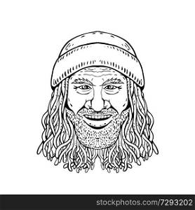 Drawing sketch style illustration of head of a Rastafarian dude, Rastafari or guy practising Rastafarianism, an Abrahamic religion developed in Jamaica in 1930s on white background in black and white.. Rastafarian Dude Head Front Drawing Black and White