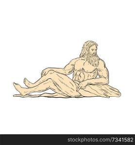 Drawing sketch style illustration of Hercules, a Roman hero and god, reclining, sitting or resting looking to side viewed from side on isolated white background done in color.. Hercules Reclining Looking to Side Drawing