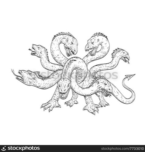 Drawing sketch style illustration of Herensuge a mythical dragon in the Basque mythology with seven heads in the form of a serpent viewed from front on isolated white background.. Herensuge a Mythical Dragon in Basque Mythology with Seven Heads in the Form of a Serpent Drawing