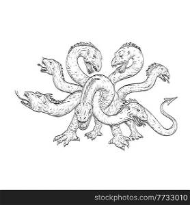 Drawing sketch style illustration of Herensuge a mythical dragon in the Basque mythology with seven heads in the form of a serpent viewed from front on isolated white background.. Herensuge a Mythical Dragon in Basque Mythology with Seven Heads in the Form of a Serpent Drawing