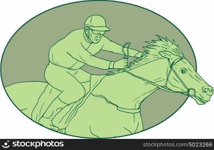 Drawing sketch style illustration of jockey riding a horse racing viewed from the side set inside oval shape on isolated background. . Horse Jockey Racing Oval Drawing