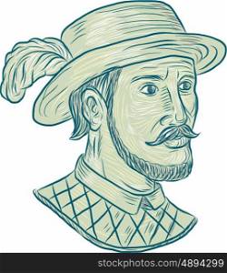 Drawing sketch style illustration of Juan Ponce de Leon, a Spanish explorer and conquistador who led the first European expedition to Florida while searching for the Fountain of Youth set on isolated white background.