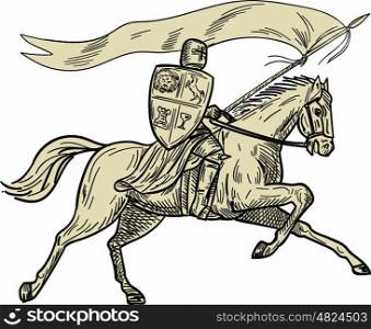 Drawing sketch style illustration of knight horseback in full armor holding lance, shield and flag riding horse viewed from the side on isolated white background done.