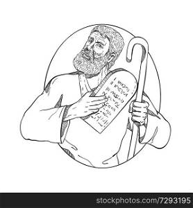 Drawing sketch style illustration of Moses, a prophet in the Abrahamic religions holding the Ten Commandments tablet and his staff set inside oval on isolated white background done in black and white.. Moses With Ten Commandments Drawing Black and White
