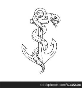 Drawing sketch style illustration of rattlesnake coiling around anchor on isolated background done in black and white.. Rattlesnake Coiling on Anchor Drawing