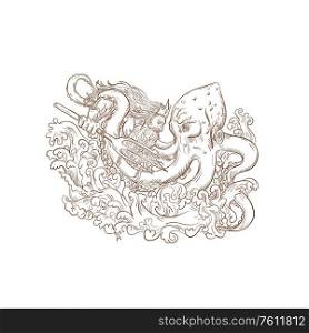 Drawing sketch style illustration of Roman god Neptune or Poseidon, Greek god of the sea, with trident and crown fighting a Kraken, giant octopus on isolated white background.. Neptune Fighting Giant Octopus Drawing