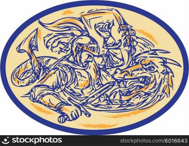 Drawing sketch style illustration of St George fighting dragon set inside oval shape. . St George Fighting Dragon Drawing