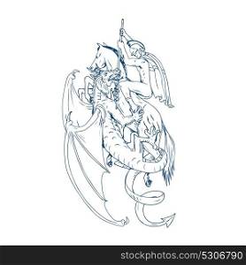 Drawing sketch style illustration of St. George riding horse steed about to Slay Dragon with spear on isolated background.. St. George Slay Dragon Drawing