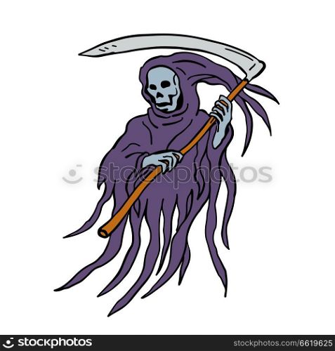 Drawing sketch style illustration of the evil grim reaper or death with scythe and torn hood on isolated white background.. Grim Reaper Drawing