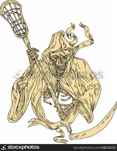 Drawing sketch style illustration of the grim reaper lacrosse player holding a crosse or lacrosse stick defense pole viewed from front on isolated white background.. Grim Reaper Lacrosse Stick Drawing