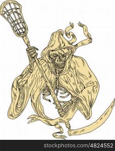 Drawing sketch style illustration of the grim reaper lacrosse player holding a crosse or lacrosse stick defense pole viewed from front on isolated white background.. Grim Reaper Lacrosse Stick Drawing
