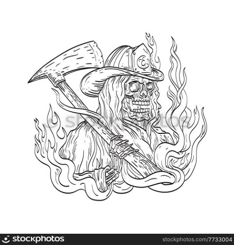 Drawing sketch style illustration of the Grim Reaper wearing a fireman firefighter helmet hat with fire axe smoke and fire on isolated background in black and white tattoo style.. Grim Reaper Wearing a Fireman Firefighter Helmet Hat with Fire Axe Smoke and Fire Tattoo Drawing Black and White
