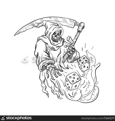 Drawing sketch style illustration of the Grim Reaper with a scythe throwing rolling the dice on isolated white background done in black and white.. The Grim Reaper Rolling the Dice Drawing Black and White
